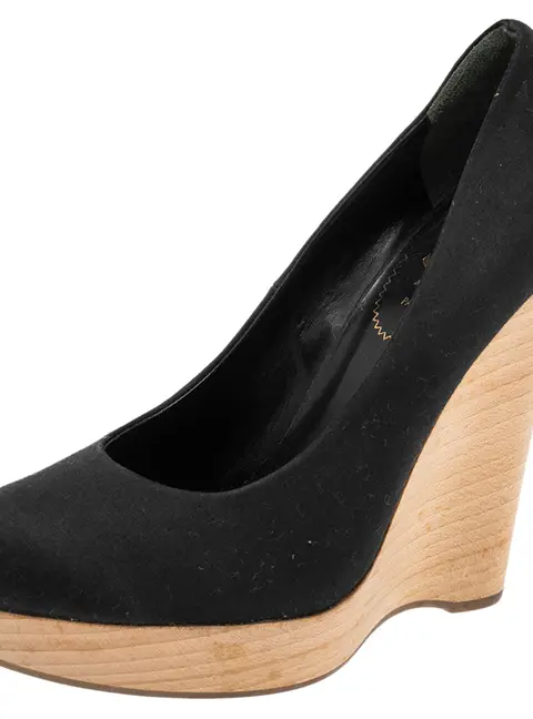 Saint Laurent Paris Maryna Size 40 Black Satin Wedge Pumps