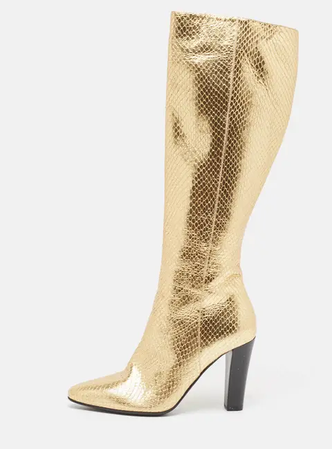 Saint Laurent Gold Python Embossed Leather Lily Knee Length Boots Size 35