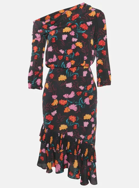 Saloni Silk Ruffled Asymmetric Midi Dress S