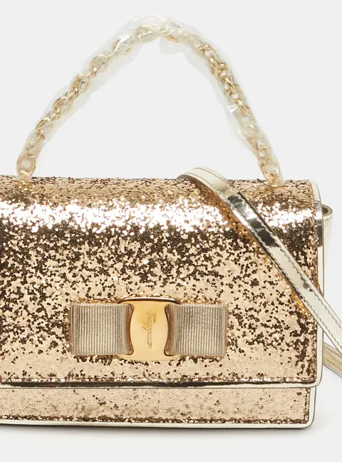 Salvatore Ferragamo Vara Bow Gold Glitter and Patent Leather Top Handle Bag