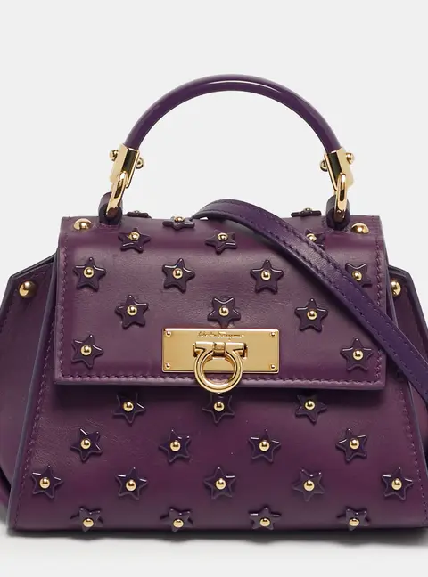 Salvatore Ferragamo Sofia Mini Purple Leather Star Embellished Top Handle Bag