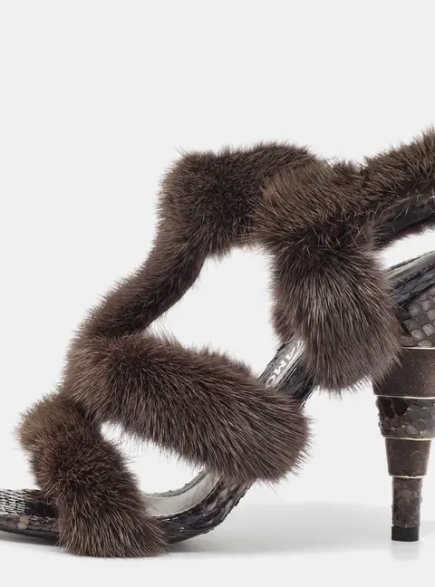 Salvatore Ferragamo Size 38.5 Brown Fur and Python Leather Ankle Strap Sandals