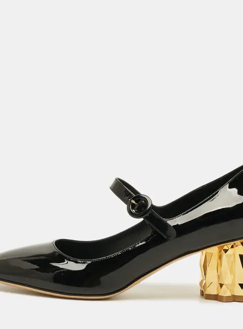 Salvatore Ferragamo Size 39.5 Black Patent Leather Block Heel Pumps
