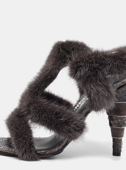 Salvatore Ferragamo Size 36 Black Mink Fur and Python Leather Ankle Strap Sandals