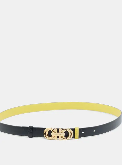 Salvatore Ferragamo Yellow/Black Leather Double Gancini Reversible Slim Belt