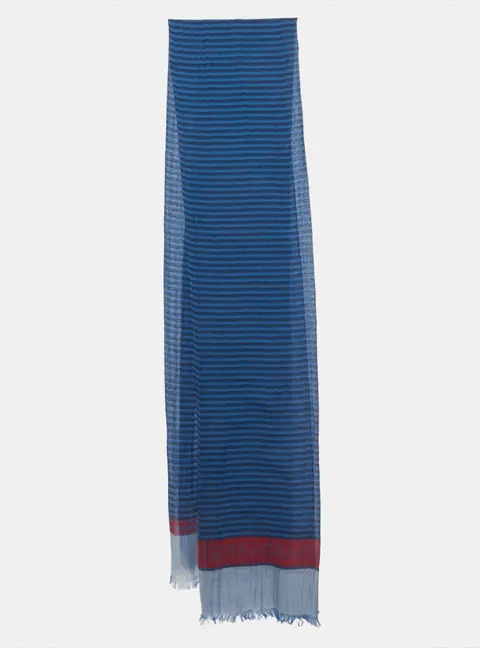 Salvatore Ferragamo Blue Striped Printed Cotton Fringed Scarf