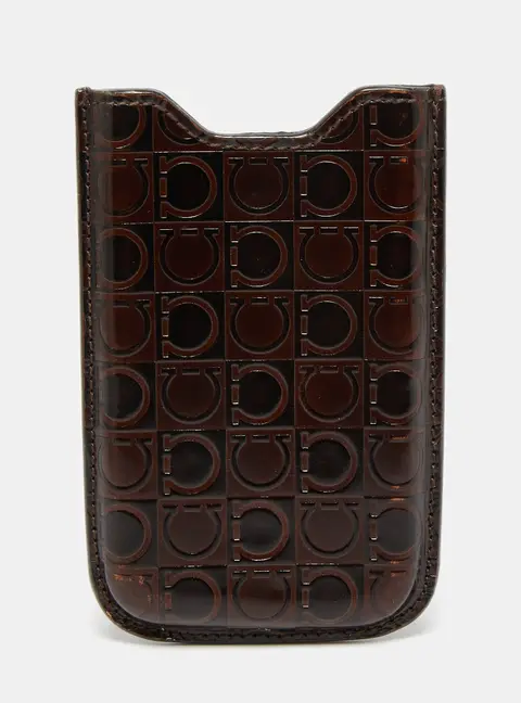 Salvatore Ferragamo Brown Gancio Embossed Glossy Leather Phone Cover