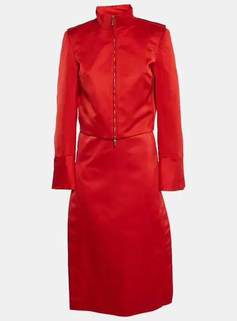 Salvatore Ferragamo Red Synthetic Zip-Up Jacket and Skirt Set M