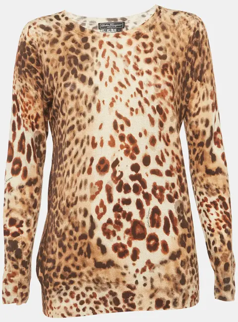 Salvatore Ferragamo Brown Leopard Print Wool Blend Top L