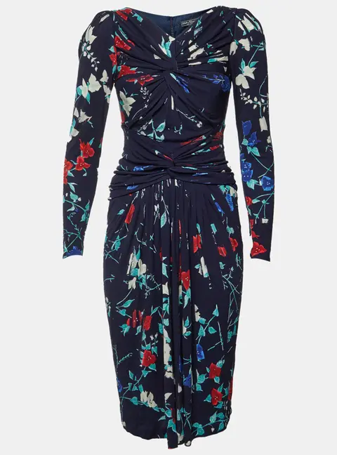 Salvatore Ferragamo Navy Blue Floral Print Crepe Ruched Midi Dress M