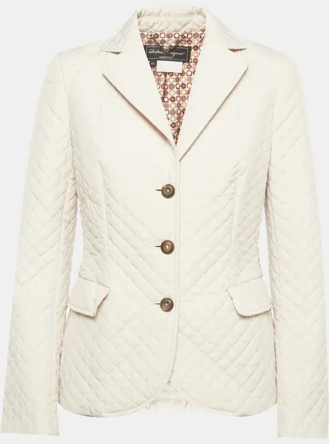 Salvatore Ferragamo Cream Synthetic Quilted Jacket M