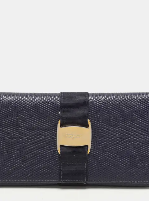 Salvatore Ferragamo Indigo Lizard Leather Vara Bow Continental Wallet