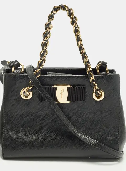Salvatore Ferragamo Melike Vara Bow Mini Black Leather Chain Tote