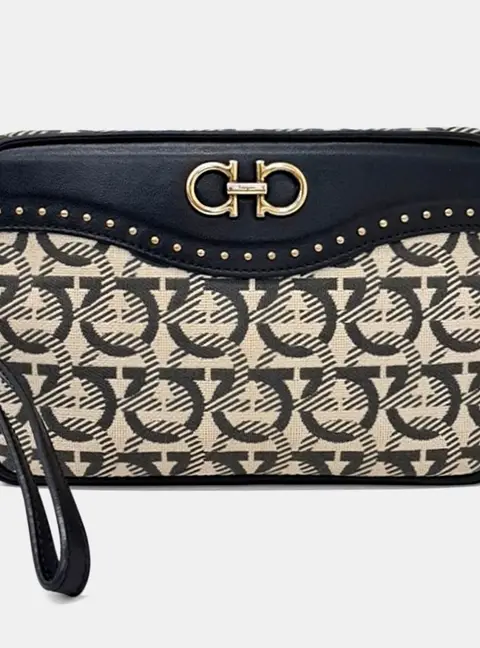 Salvatore Ferragamo Gancini Beige Black Fabric Studded Clutch Bag
