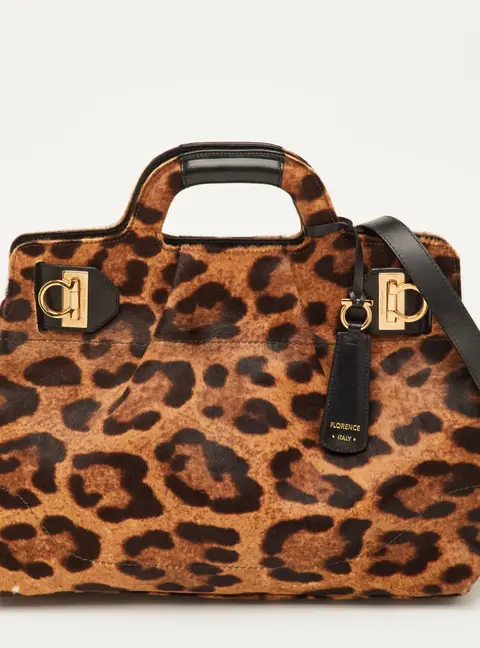 Salvatore Ferragamo Brown/Black Leopard Print Calf Hair and Leather Satchel