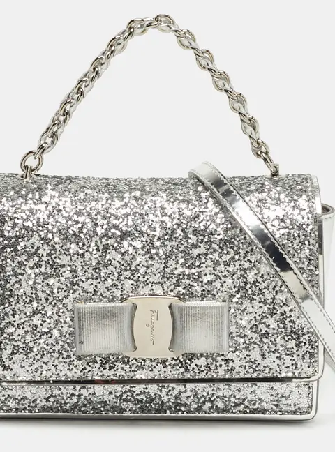 Salvatore Ferragamo Silver Glitter and Laminated Leather Top Handle Bag