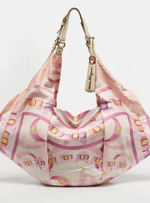 Salvatore Ferragamo Pleated Bow Print Pink Leather and Nylon Hobo