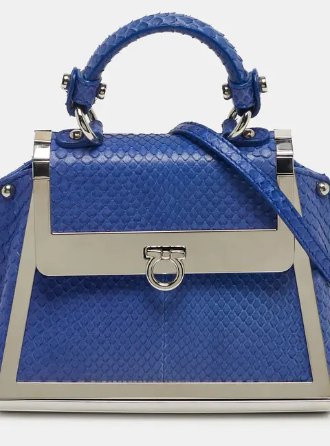 Salvatore Ferragamo Sofia Mini Blue Python Metal Frame Top Handle Bag