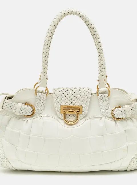 Salvatore Ferragamo Marisa White Croc Embossed Leather Satchel