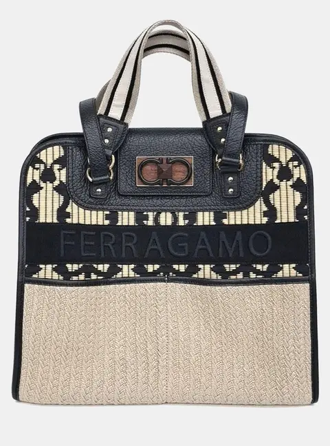 Salvatore Ferragamo Beige, Black Leather and Raffia Tote and Shoulder bag