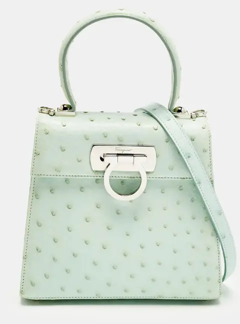 Salvatore Ferragamo Ghiacciaio Blue Aura Ostrich Small Iconic Top Handle Bag