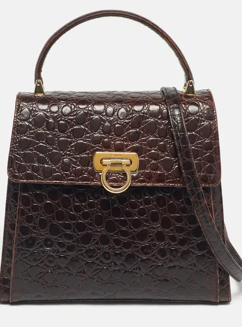 Salvatore Ferragamo Dark Brown Crocodile Kelly Top Handle Bag