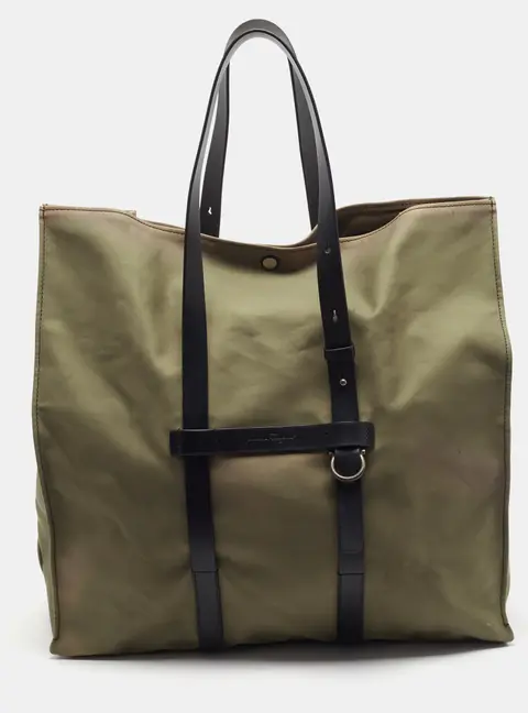 Salvatore Ferragamo Buckle Green/Black Canvas and Leather Tote