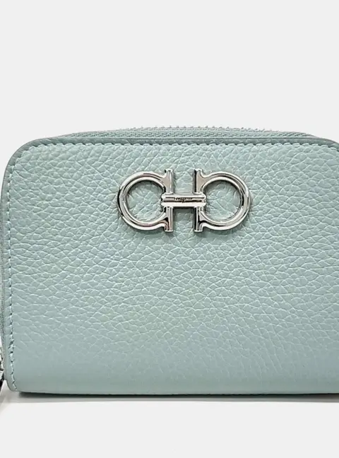Salvatore Ferragamo Gancini Mint Green Grained Leather Card Holder Bag