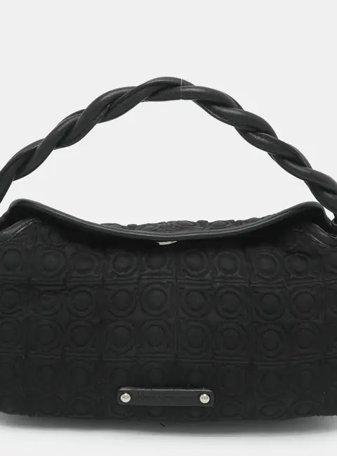 Salvatore Ferragamo Black Jacquard and Leather Shoulder Bag