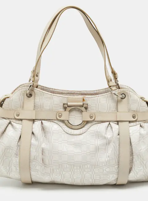 Salvatore Ferragamo Beige Logo Jacquard Fabric and Leather Shoulder Bag