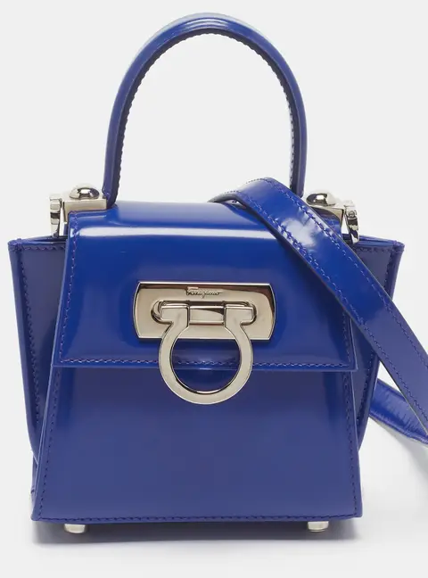Salvatore Ferragamo Iconic XS Blue Glossy Leather Top Handle Bag