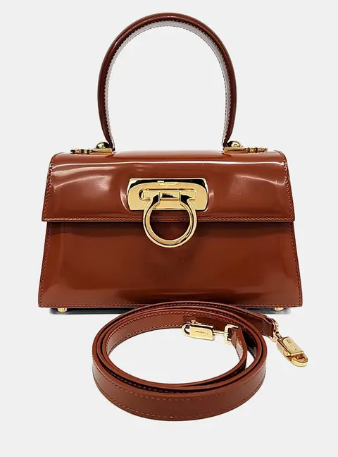 Salvatore Ferragamo Brown Leather Gancini Tote and Shoulder Bag GHW