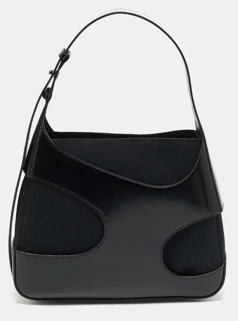 Salvatore Ferragamo Cut Out Medium Black Canvas and Patent Leather Shoulder Bag
