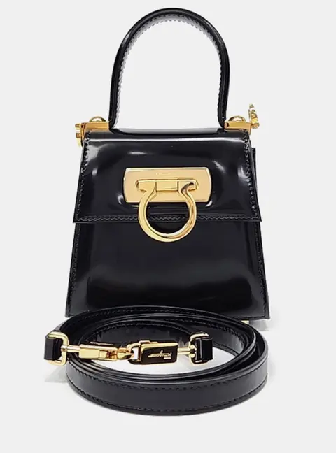 Salvatore Ferragamo Kelly Mini Black Patent Leather Top Handle Bag
