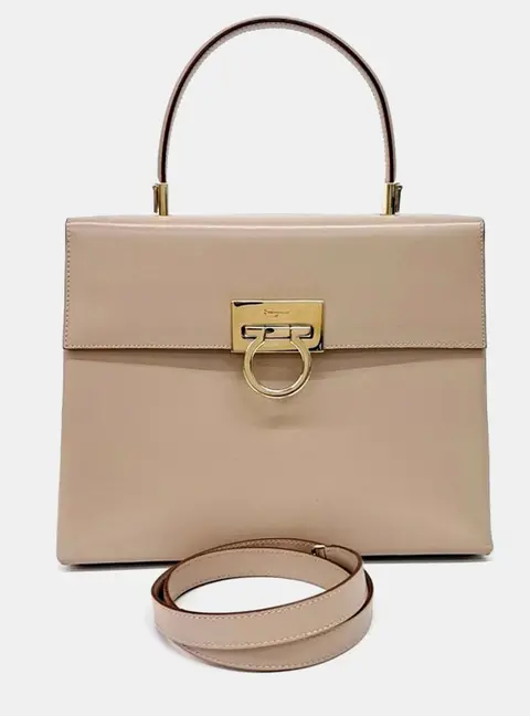 Salvatore Ferragamo Beige Leather Gancini Tote and Shoulder Bag
