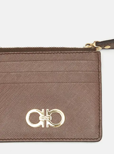 Salvatore Ferragamo Gancini Zip Beige Leather Card Holder