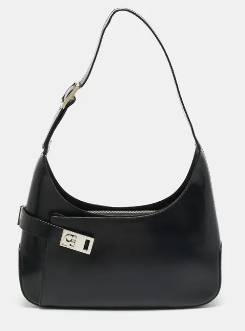Salvatore Ferragamo Gancini Black Brushed Leather Hobo
