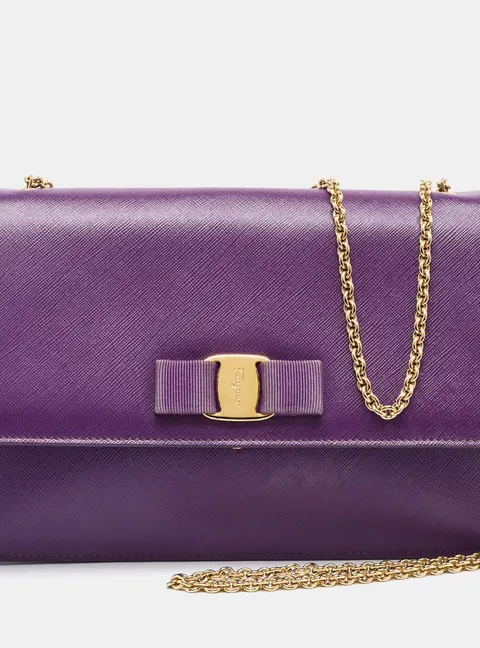 Salvatore Ferragamo Vara Bow Purple Leather Chain Shoulder Bag