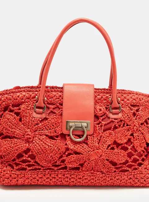 Salvatore Ferragamo Red Woven Straw and Leather Flap Satchel