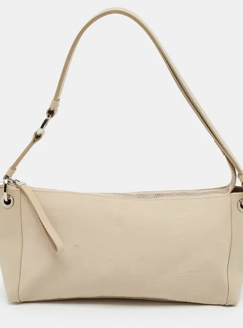 Salvatore Ferragamo Gancini Print Beige Fabric and Leather Shoulder Bag