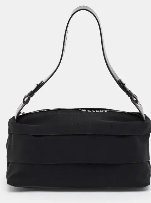 Salvatore Ferragamo Pleated Black Fabric and Patent Leather Shoulder Bag