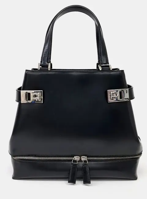 Salvatore Ferragamo Gancini Black Leather Tote Bag