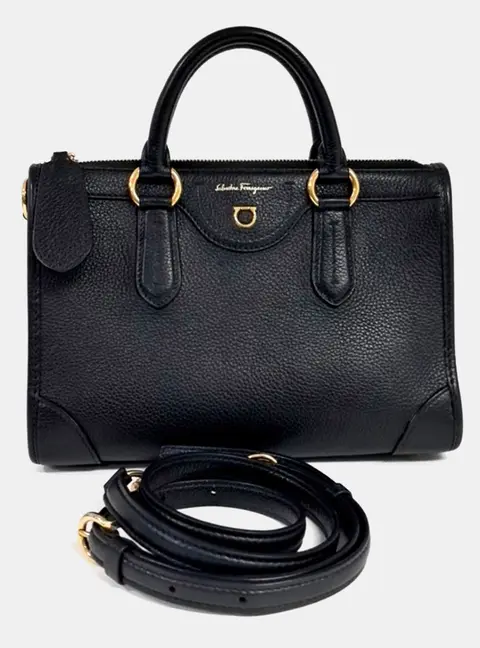 Salvatore Ferragamo Black Leather Gancini Travel Top Handle Bag