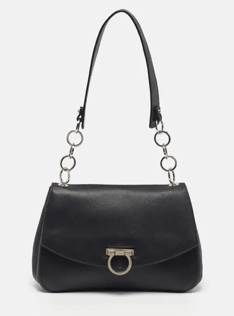 Salvatore Ferragamo Gancini Flap Black Leather Shoulder Bag