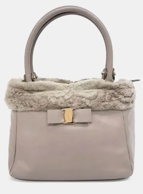 Salvatore Ferragamo Grey Canvas and Leather Fur-Trimmed Tote Bag