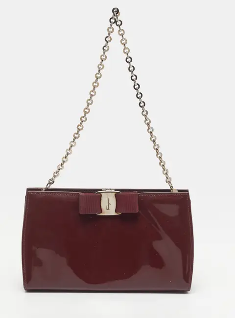 Salvatore Ferragamo Miss Vara Burgundy Patent Leather Chain Clutch