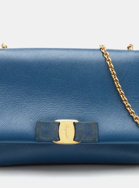 Salvatore Ferragamo Blue Saffiano Leather Vara Bow Flap Shoulder Bag