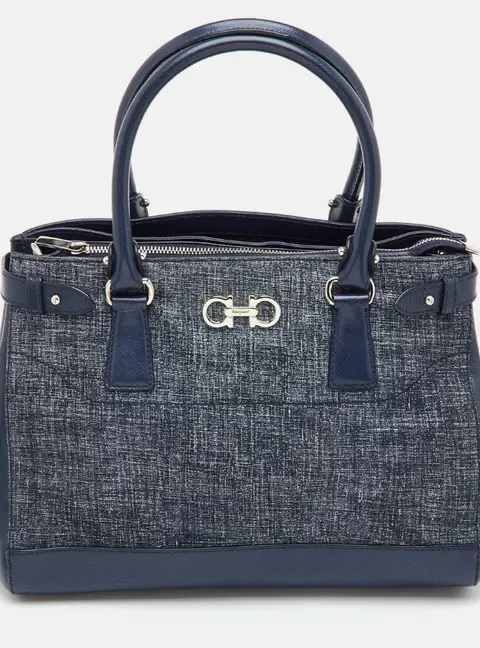 Salvatore Ferragamo Navy Blue Suede and Leather Gancini Tote