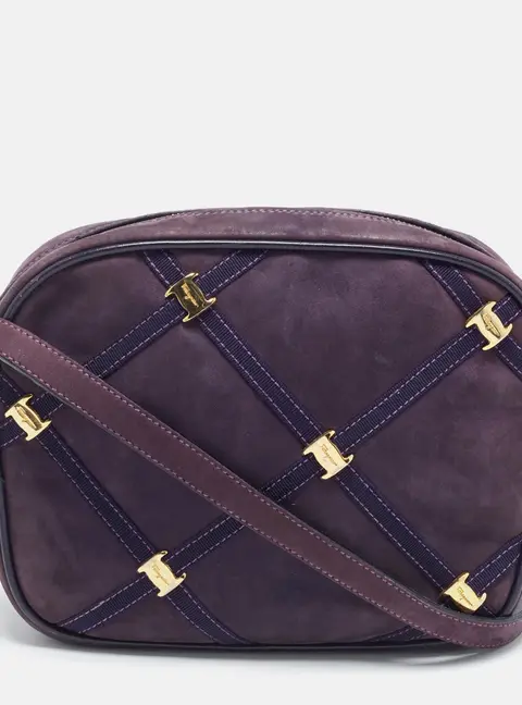 Salvatore Ferragamo Quilted Studded Purple Nubuck Leather Crossbody Bag