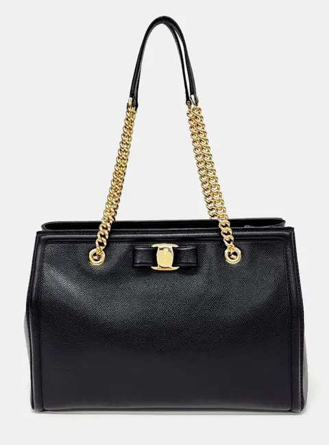 Salvatore Ferragamo Black Leather Vara Chain Shoulder Bag